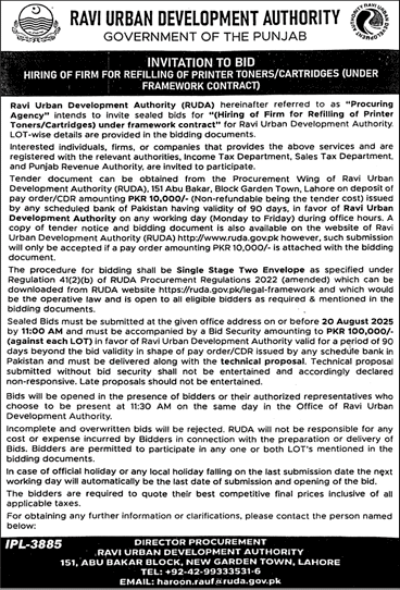 Ravi Urban Development Authority Lahore Tender Notice